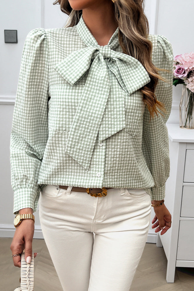 Gingham Blouse with Bow Tie Collar