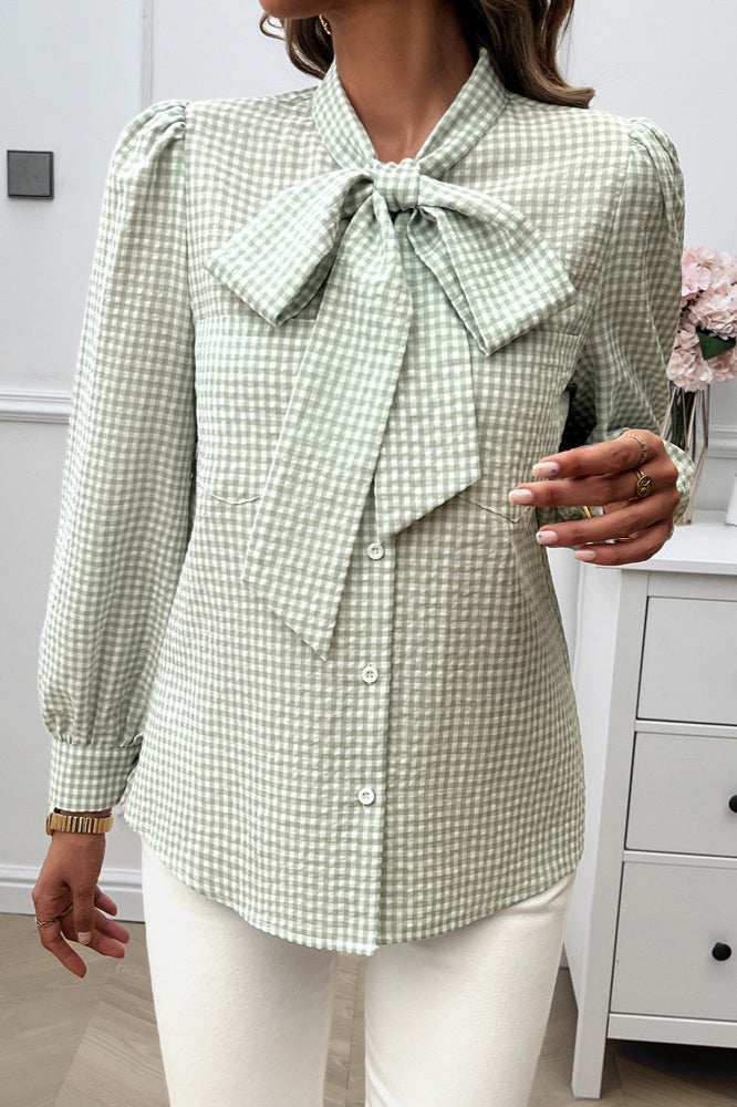 Gingham Blouse with Bow Tie Collar