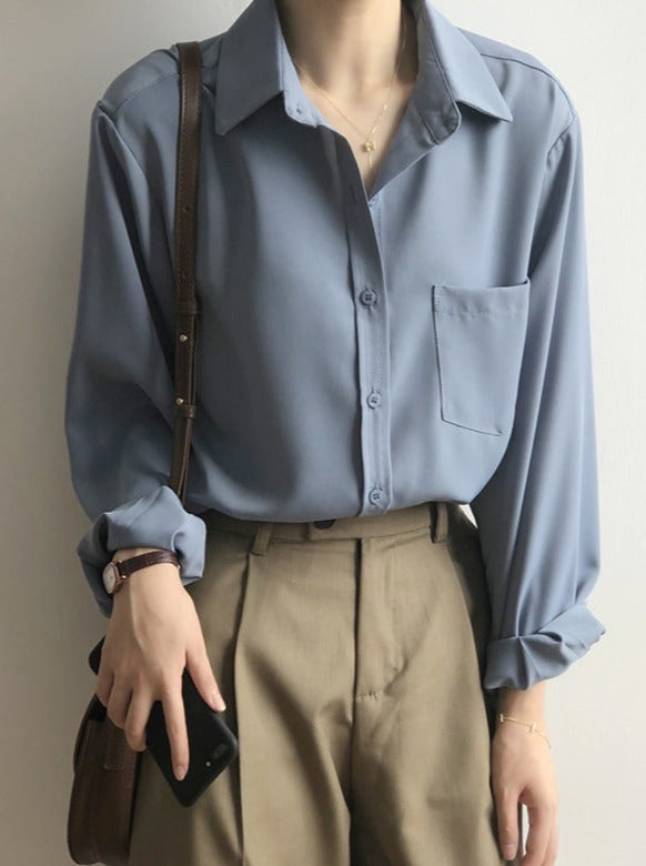 Camisa coreana de manga larga con solapa azul 