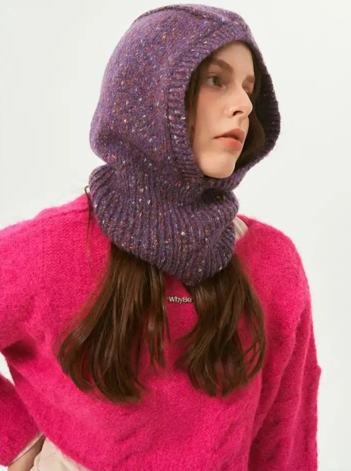 Gorro de punto con pasamontañas de color morado, cálido y para el invierno 