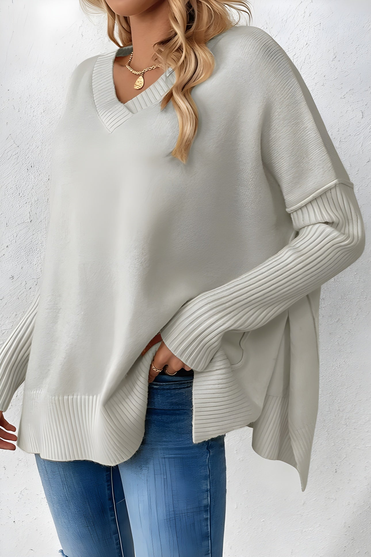 Damen V-Ausschnitt Pullover Langarm Oversize Sweater