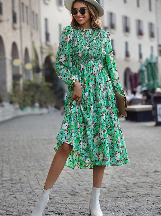 Vestido acampanado con mangas farol y estampado floral