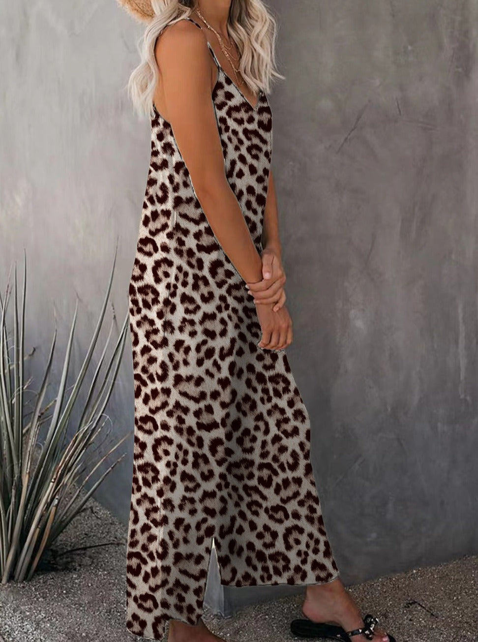 Mono informal holgado sin mangas con estampado de leopardo 