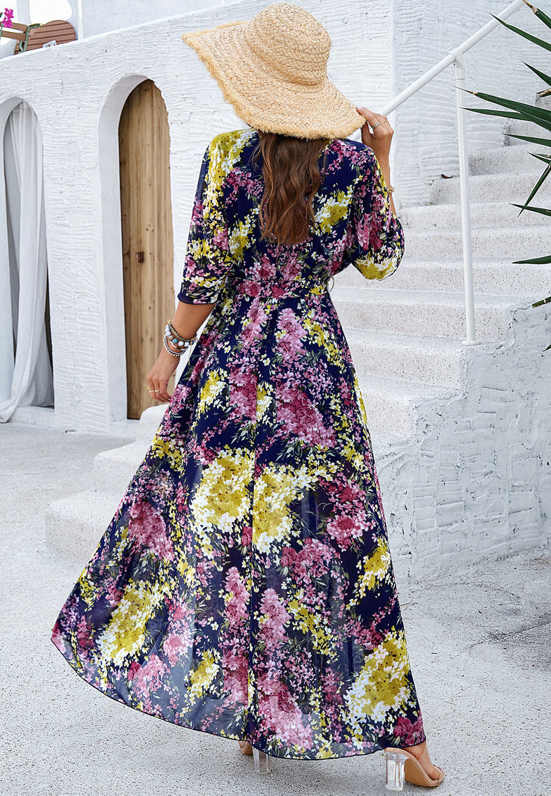 Yellow Floral Printed V-Neck Pleated Dress