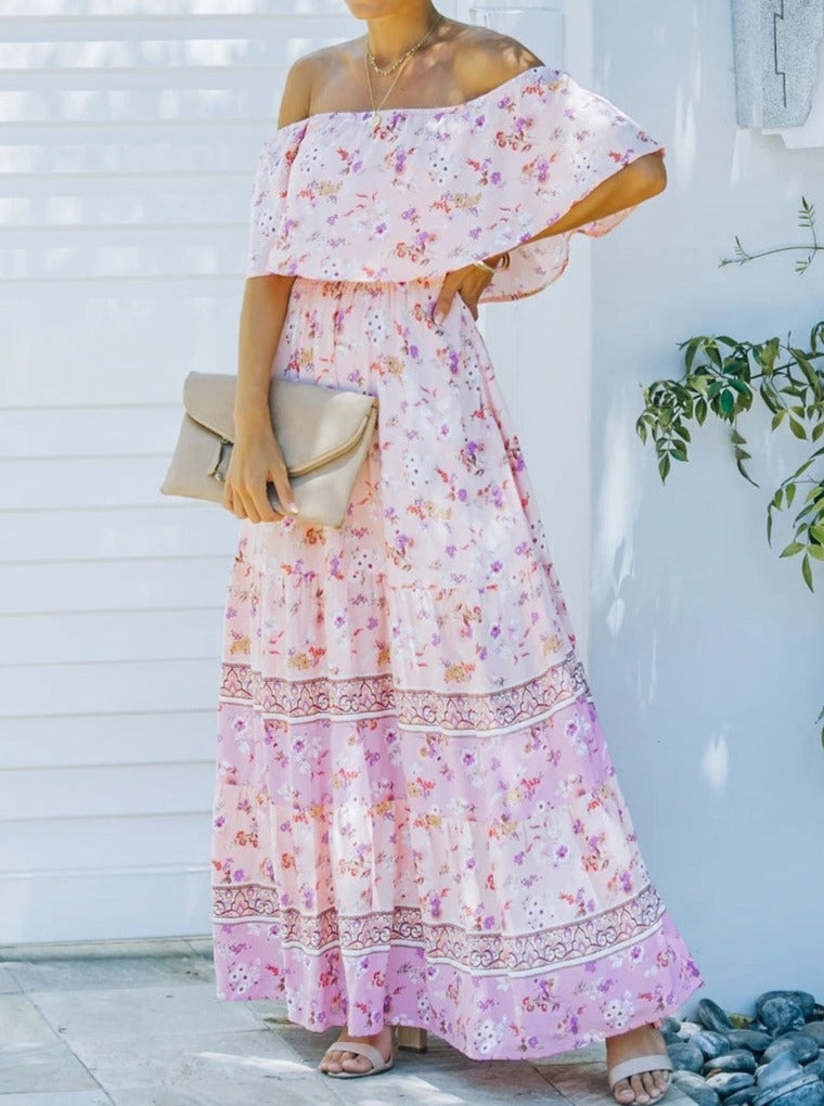 Vestido largo con hombros descubiertos y estampado retro floral rosa