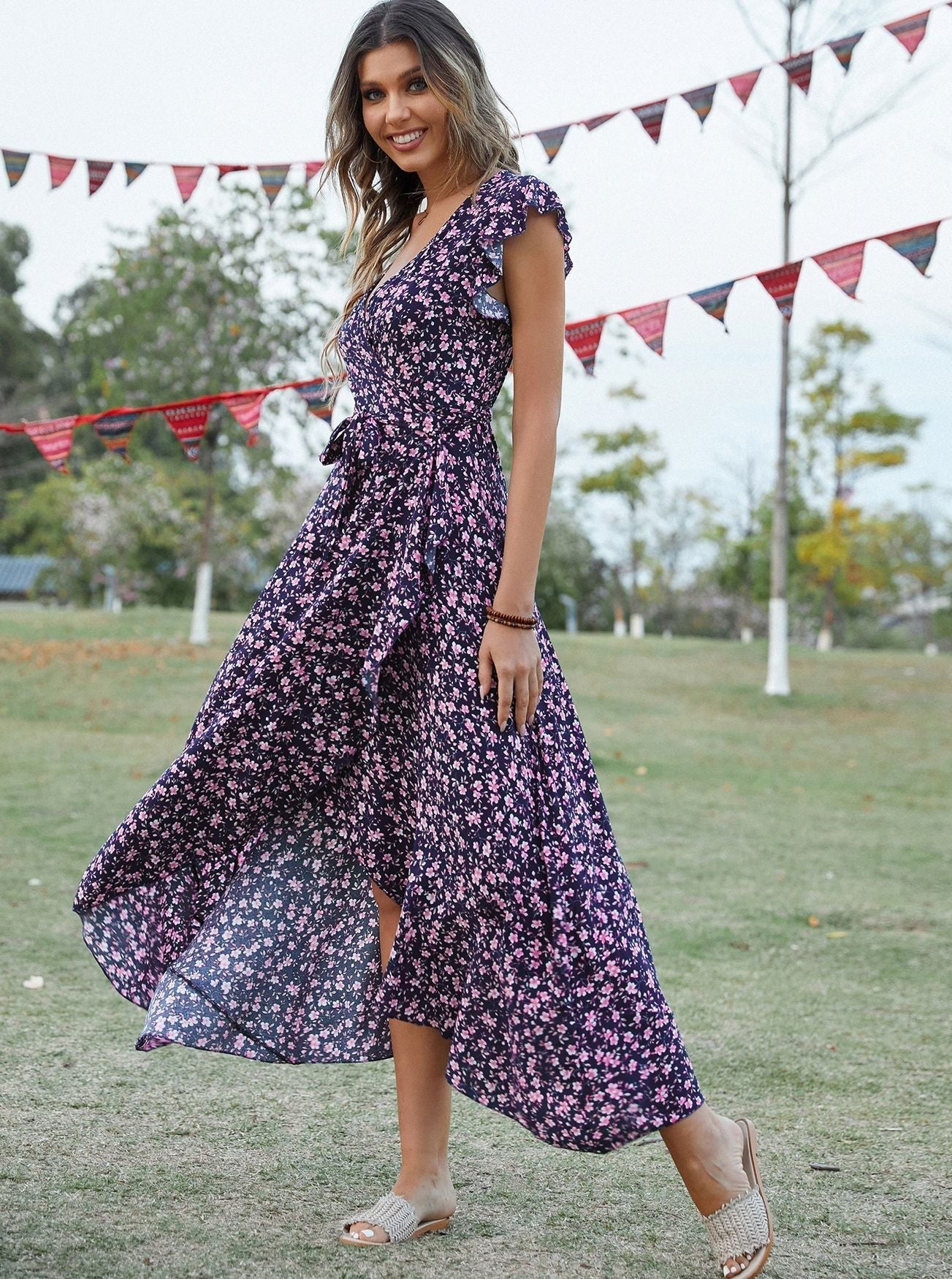 Vestido midi de algodón con abertura y estampado floral estilo bohemio 