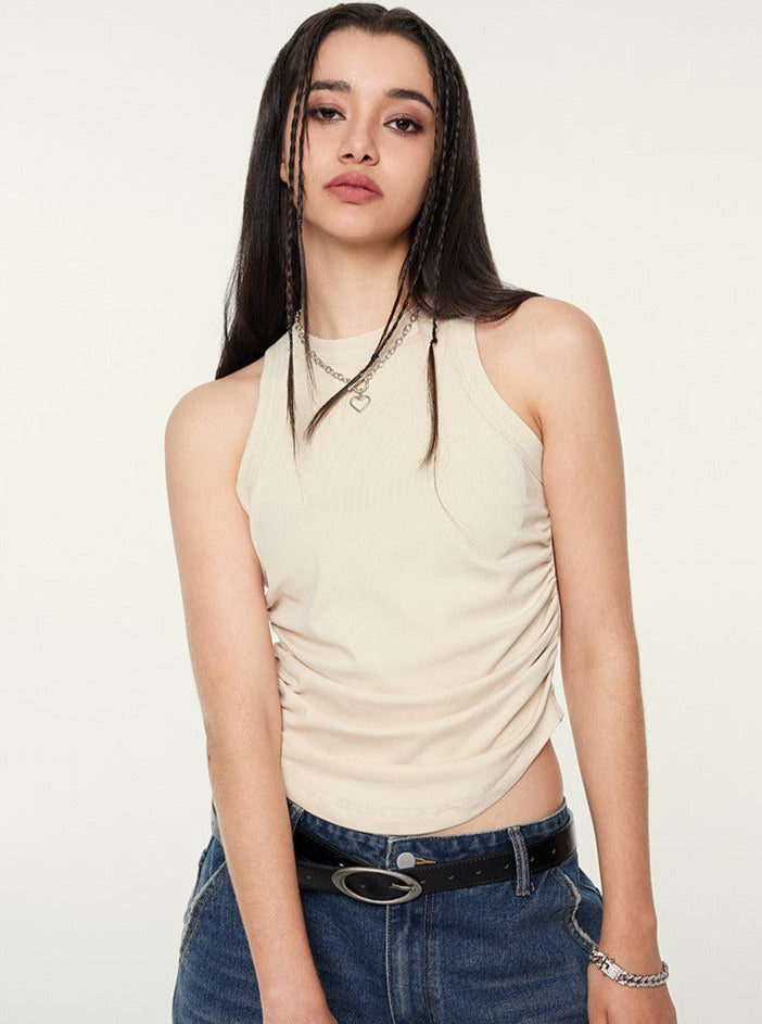 Camiseta sin mangas plisada con cuello halter sexy 