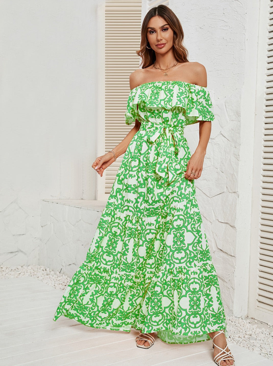 Off Shoulder Floral Ruffle Temperament Maxi Dress