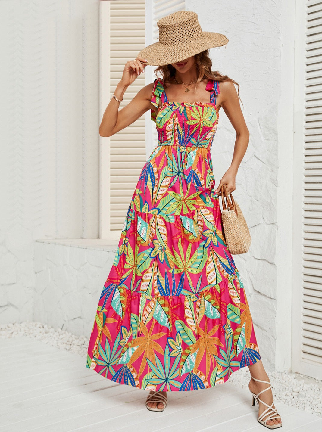 Vestido midi informal holgado con estampado floral, estilo bohemio, con cuello halter y cintura alta 