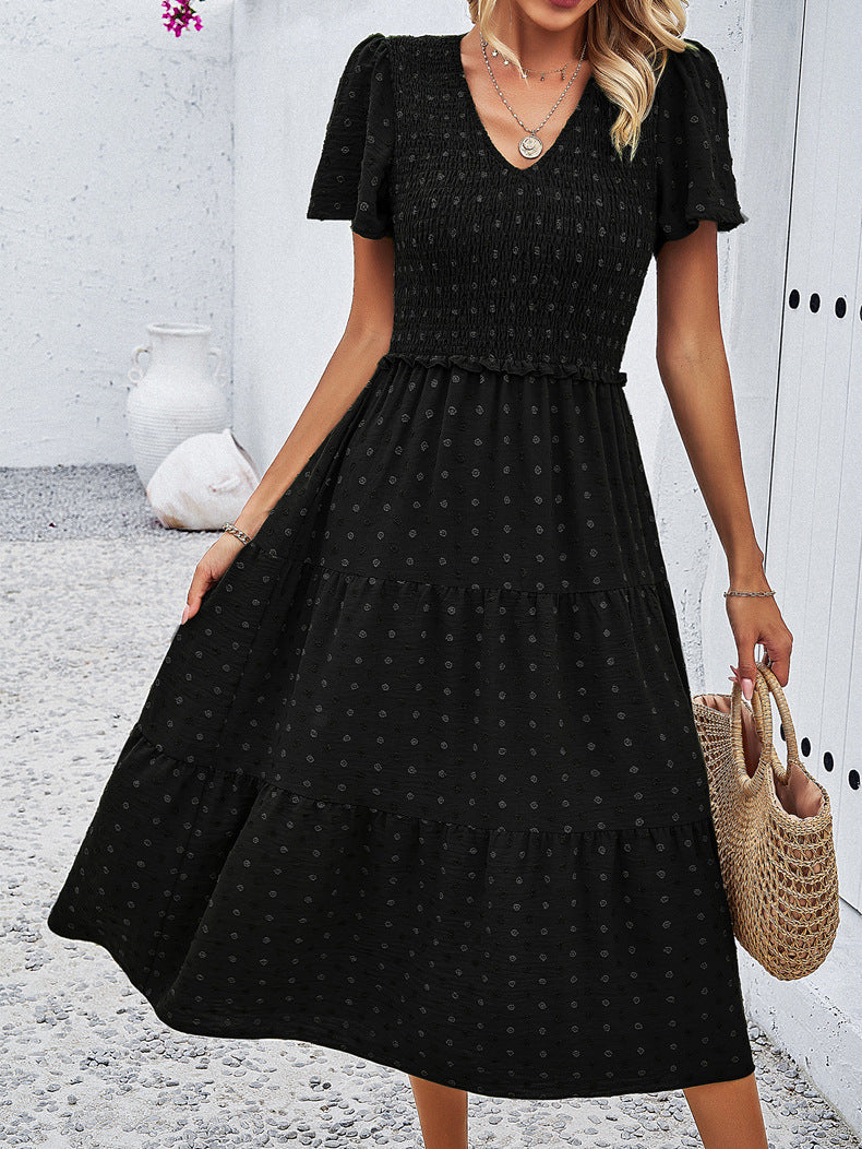 Black Temperament V-Neck Short-Sleeved Dress