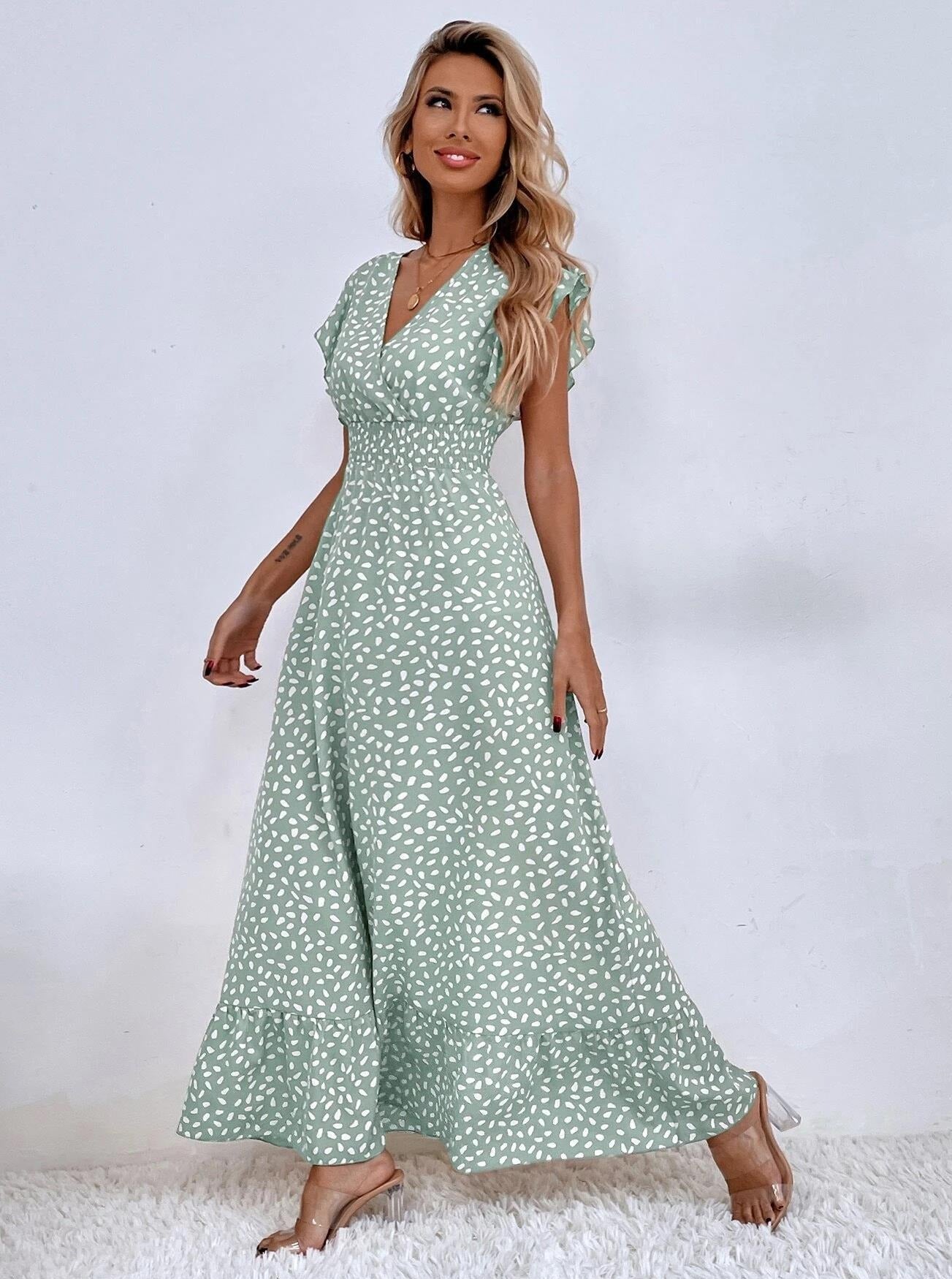 V-Neck Butterfly Sleeve Allover Print Maxi Dress