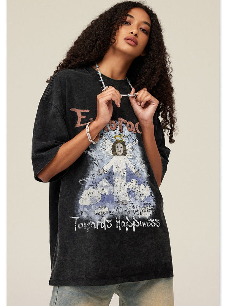 Camisa oversize básica con estampado de ángel en color negro de primavera 