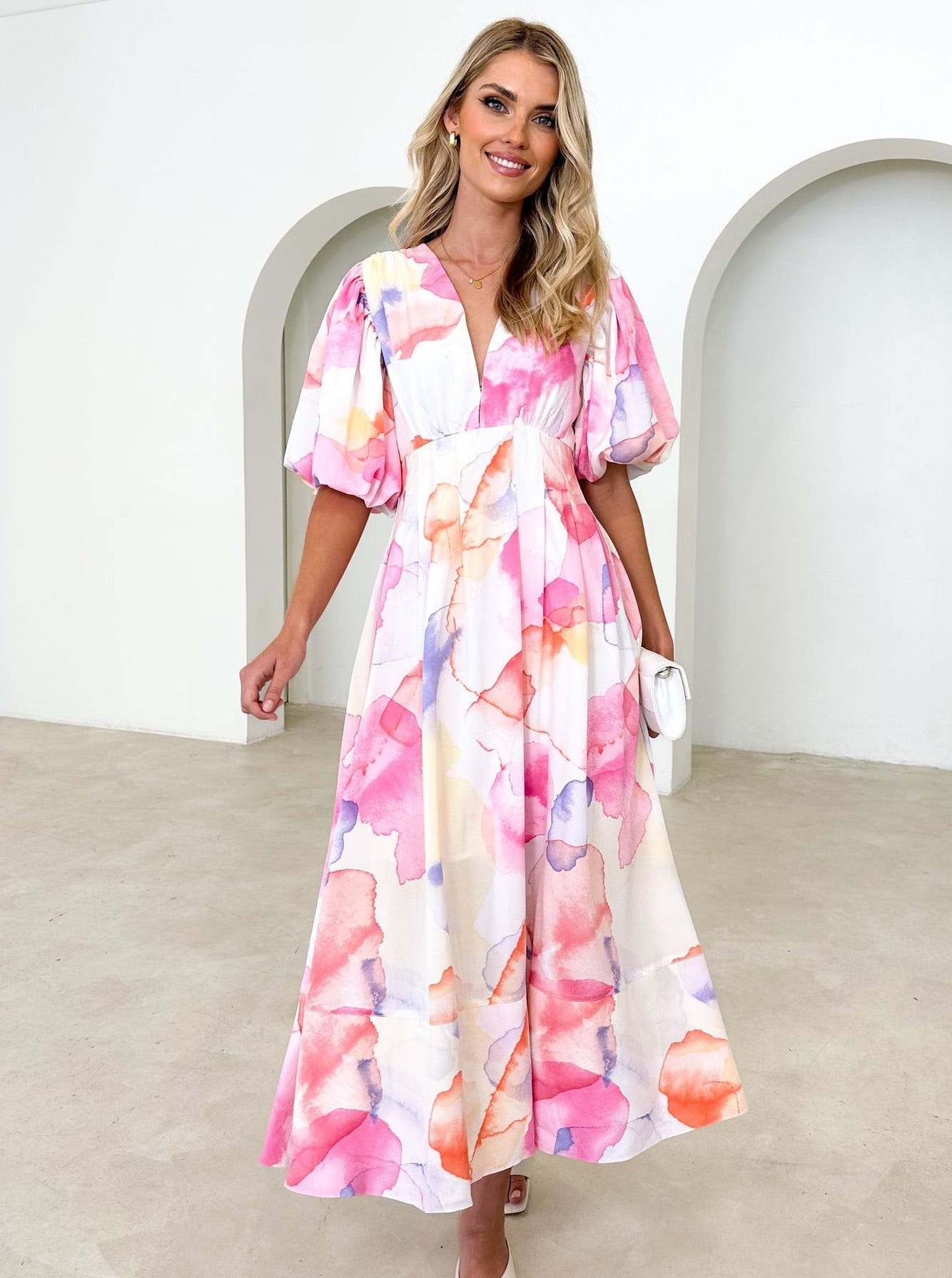 Casual Floral Bubble Sleeve Temperament Midi Dress