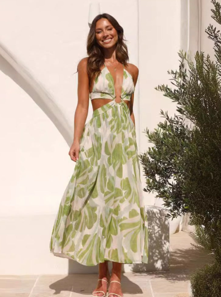 Tropical Printed Deep V-Neck Backless Dress