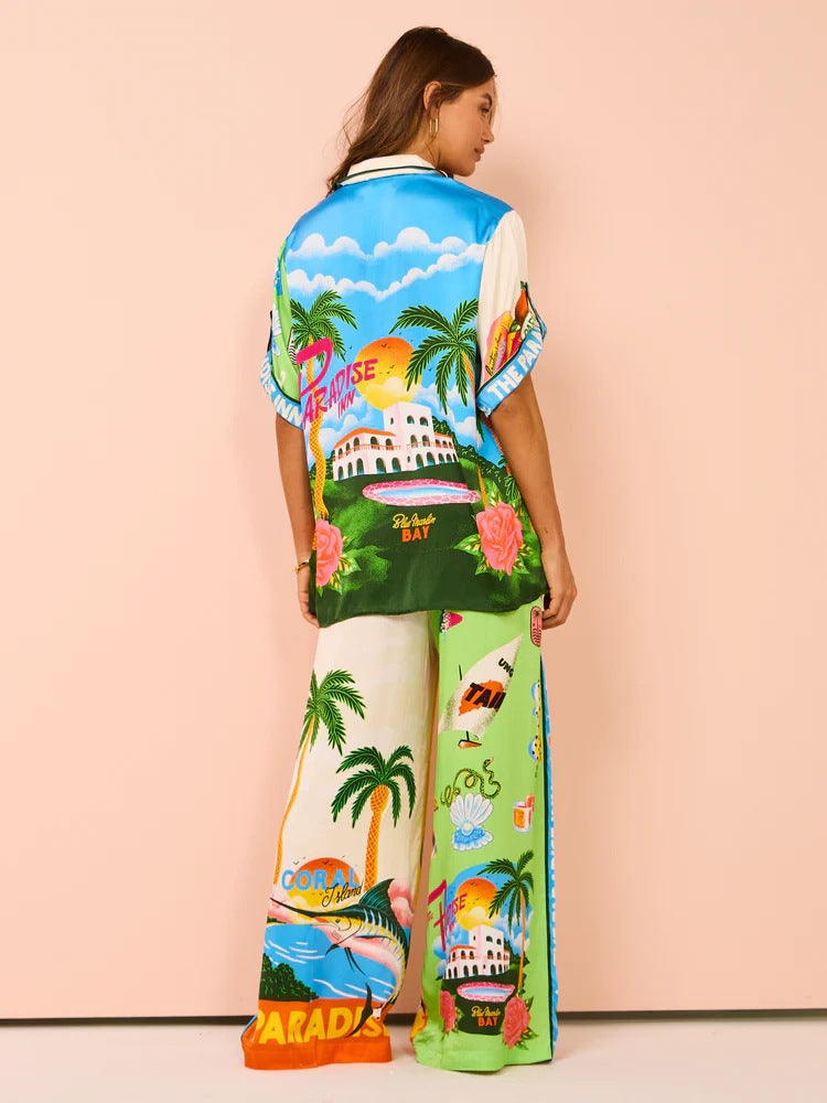 Conjunto de dos piezas con pantalones estampados estilo Sunny Beach 