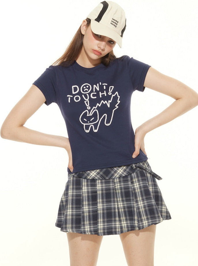 Blue Short Sleeve Cat & Lettering Print Crop Tee