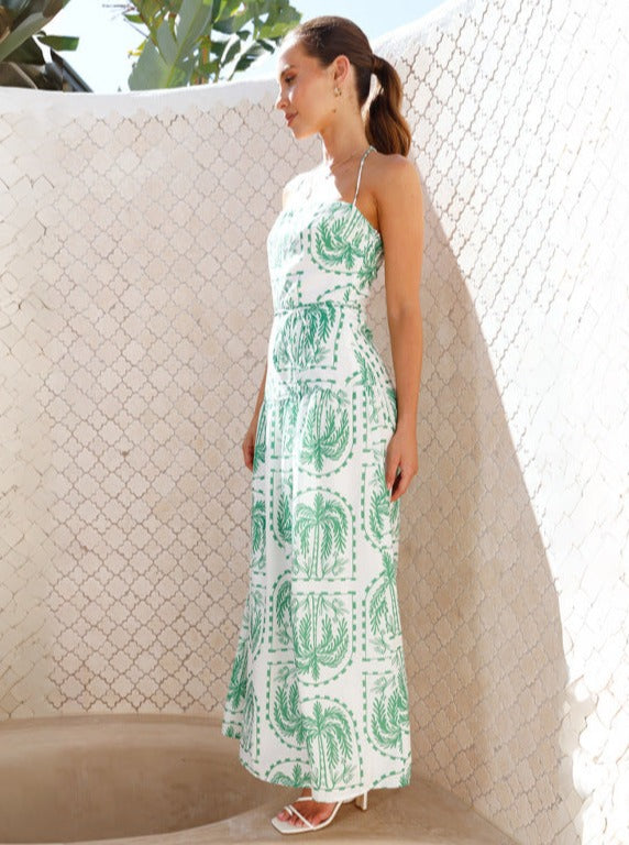 Green Floral Halter Neck Maxi Dress