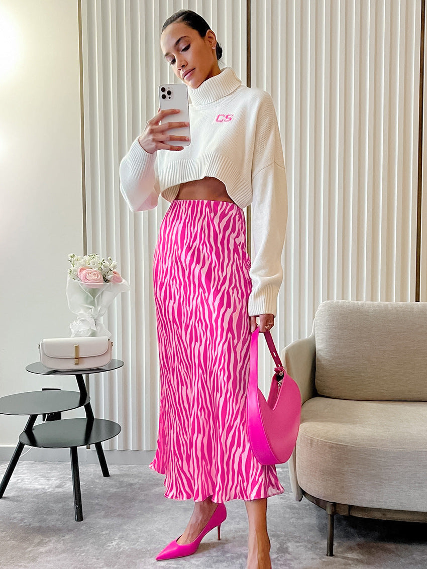 Falda midi rosa con rayas de cebra 