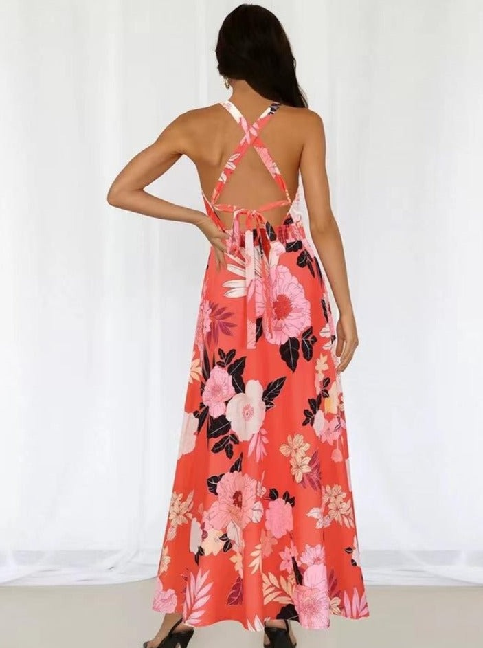 Floral Printed Halter Neck Racer Back Maxi Dress