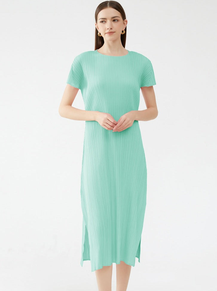 Solid Color Round Neck Short Sleeve Straight Dress