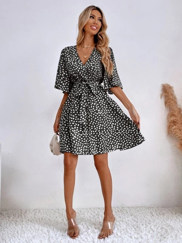 V-Neck Overall Printed Half Sleeve Dress