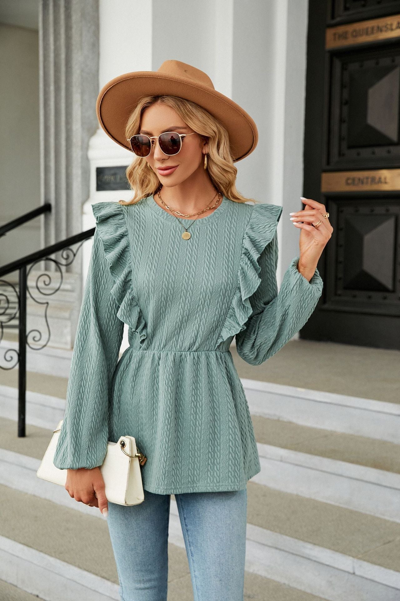 Classic Deep Green Long Sleeve Round Neck Ruffle Blouse