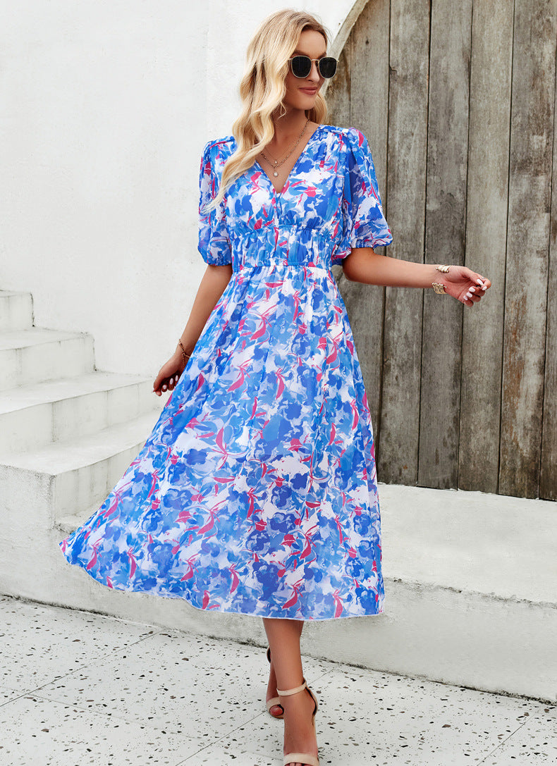 Casual Blue V-Neck Printed High Waist Long Dress