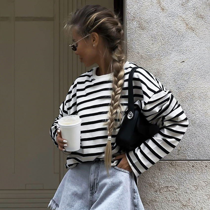 Casual Round Neck Striped Shirt