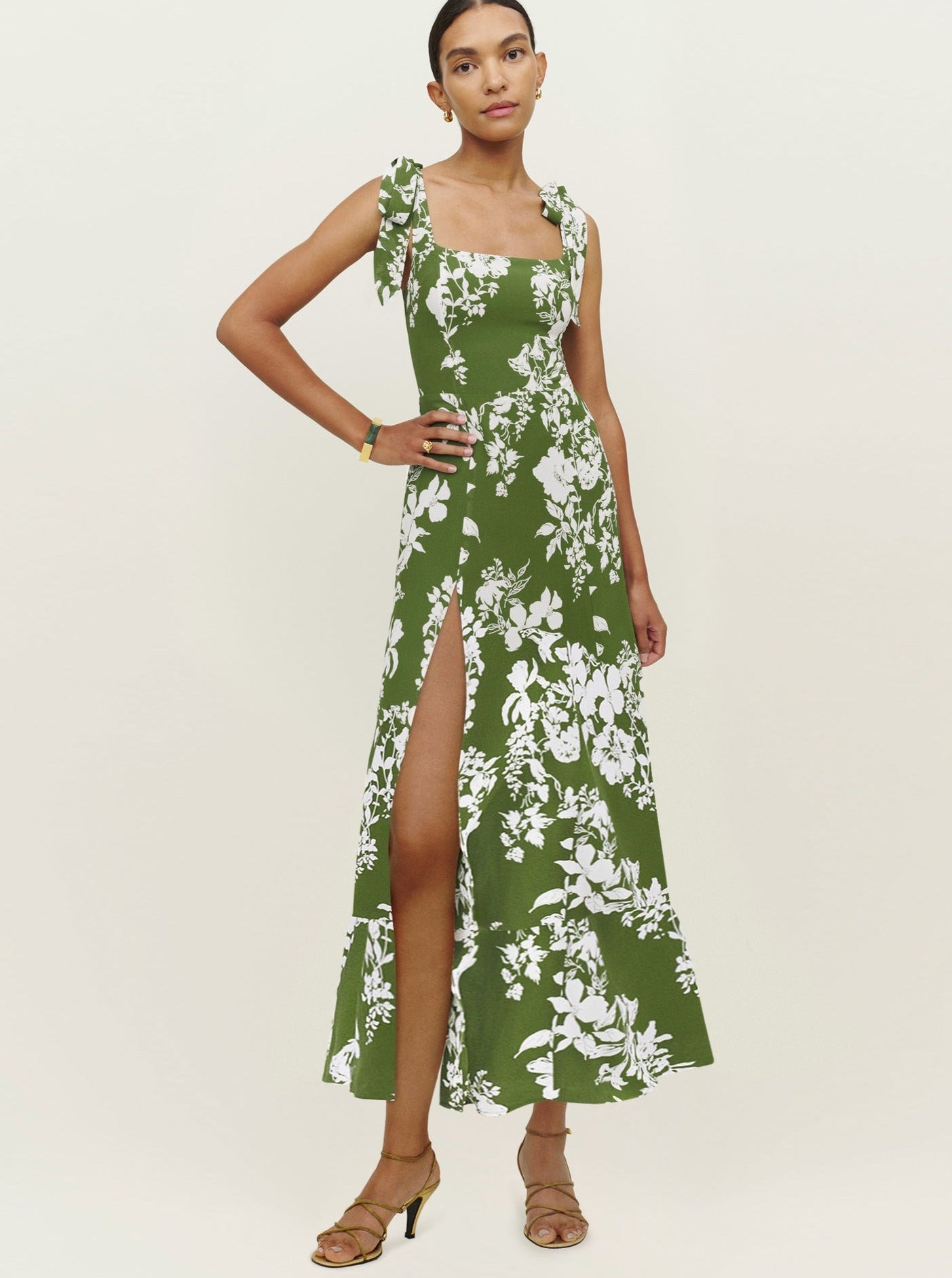 Green Floral Print Suspender Strap Square Neck Slit Dress