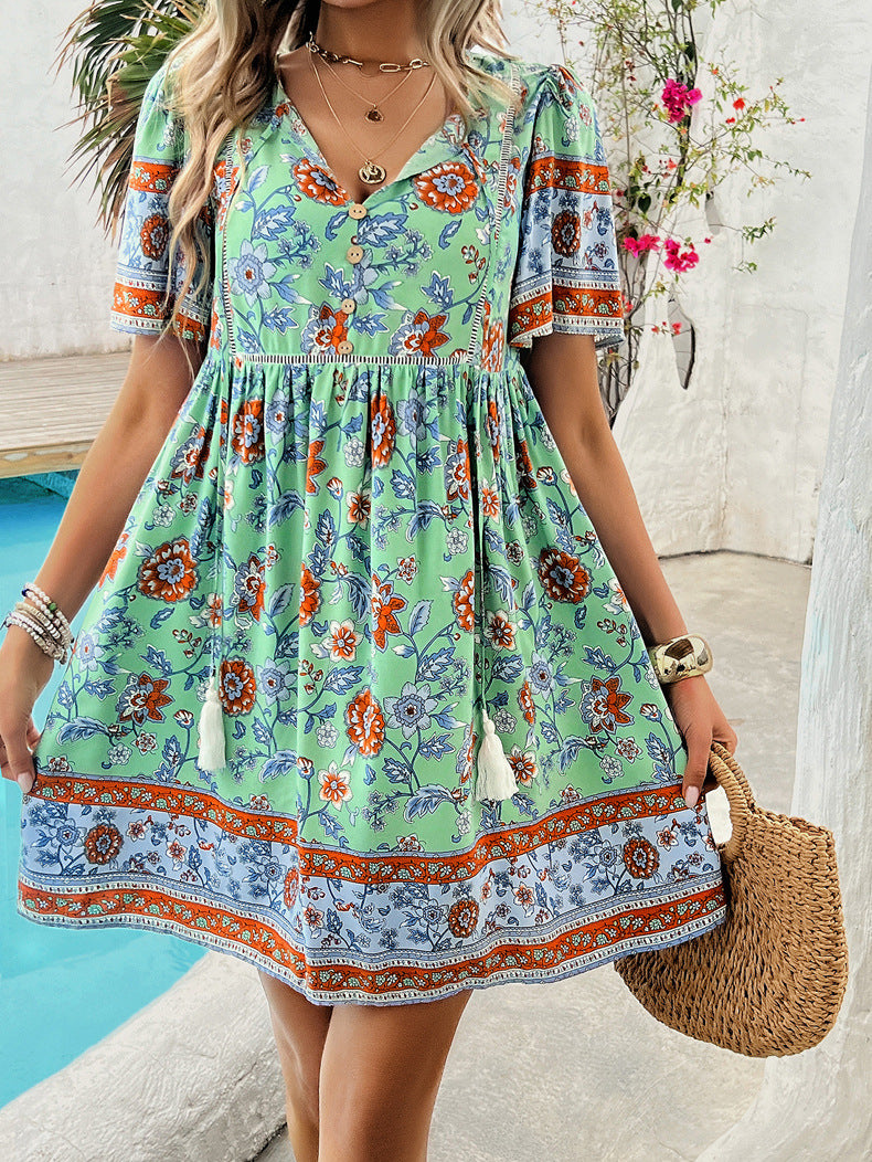 Green Retro Printed V-Neck Short Sleeve Dress