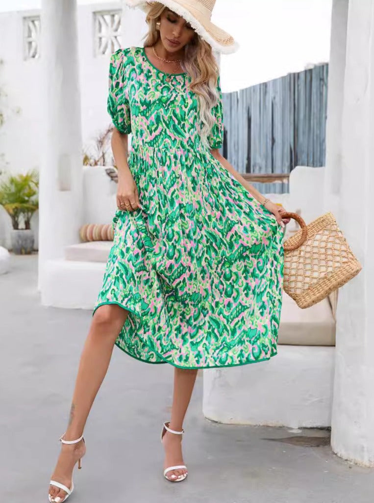 Round Neck Puff Sleeve Printed Dress