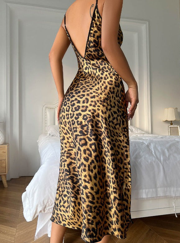 Camisón sexy con abertura en la espalda y estampado de leopardo 