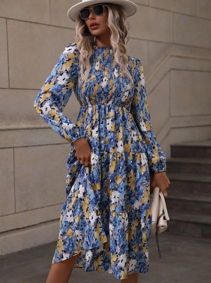 Vestido acampanado con mangas farol y estampado floral