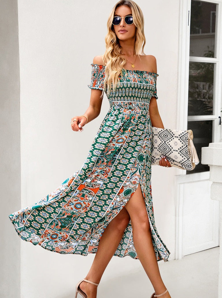 Green Off Shoulder Bohemian Printed Dress