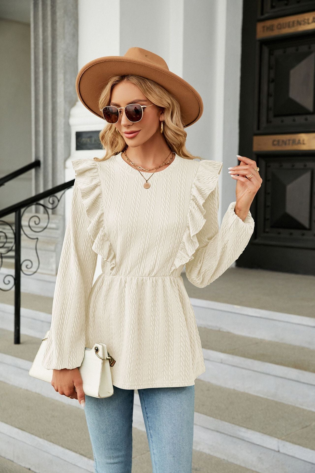 Classic Apricot Long Sleeve Round Neck Ruffle Blouse