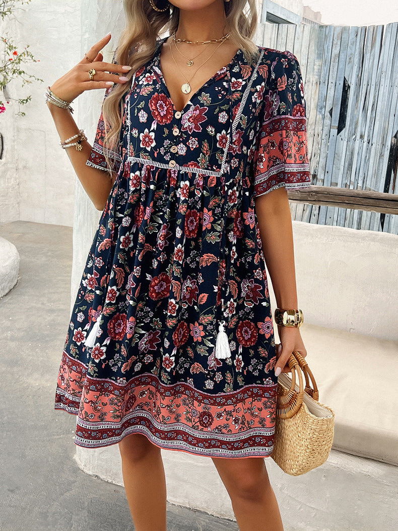 Black Retro Printed V-Neck Short Sleeve Dress