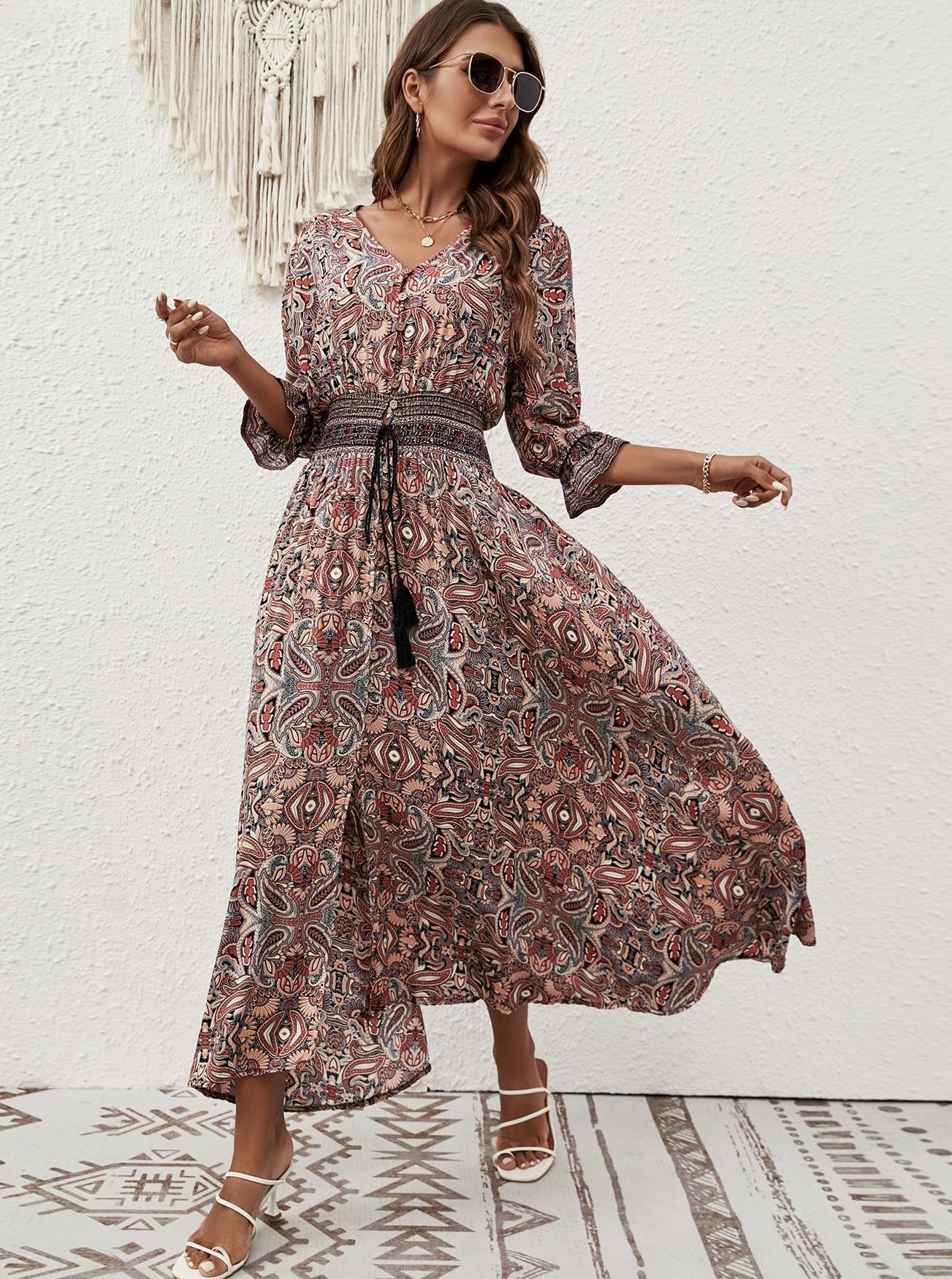 Vintage Boho Printed Half Sleeve Midi Dress