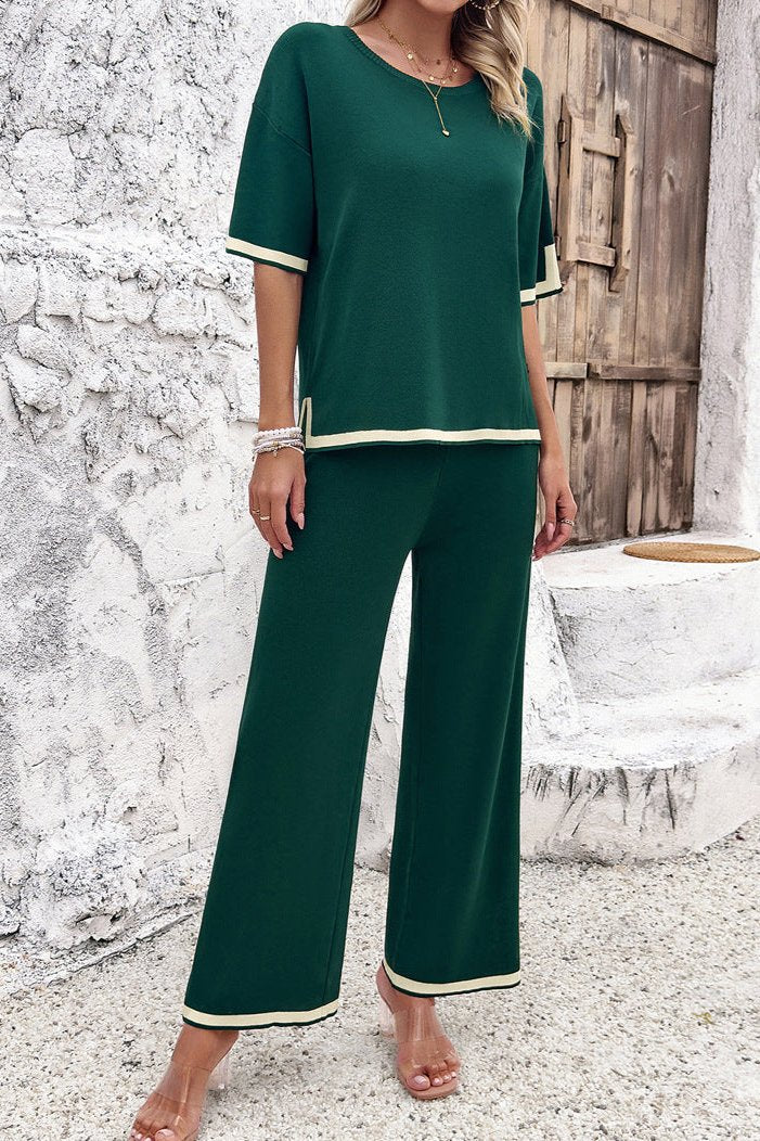 Conjunto de pantalón y top de punto de manga corta informal y elegante de color verde 