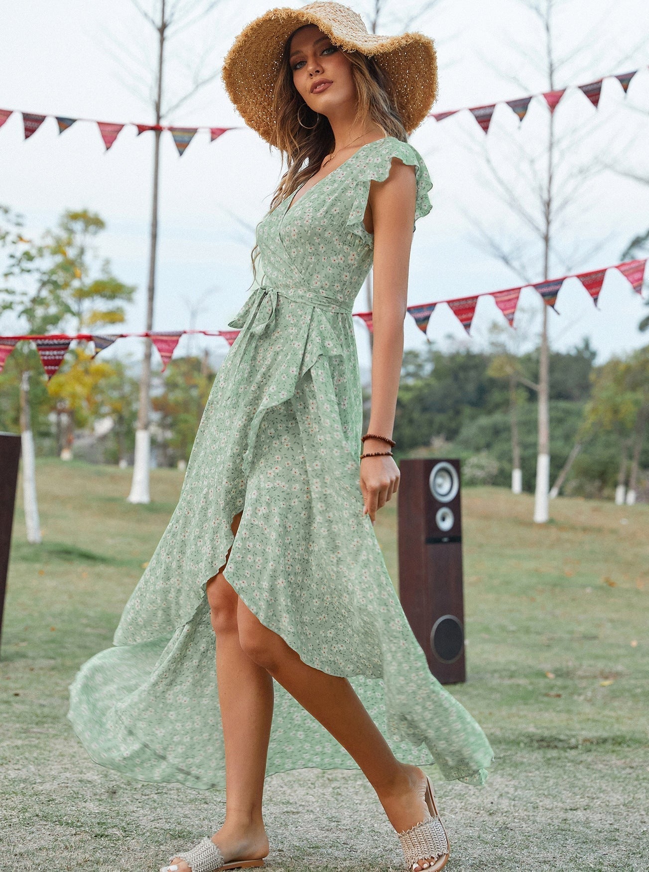 Vestido midi de algodón con abertura y estampado floral estilo bohemio 