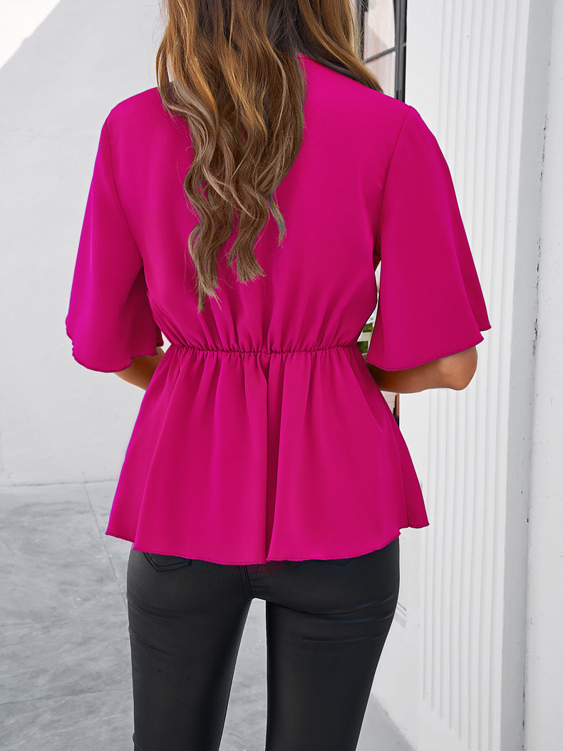 Blusa con lazo y escote en V en forma de rosa 