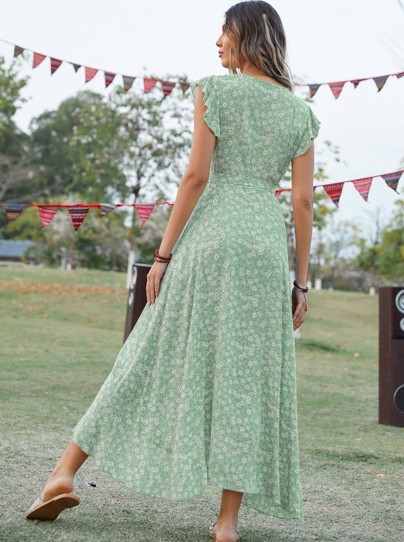 Vestido midi de algodón con abertura y estampado floral estilo bohemio 