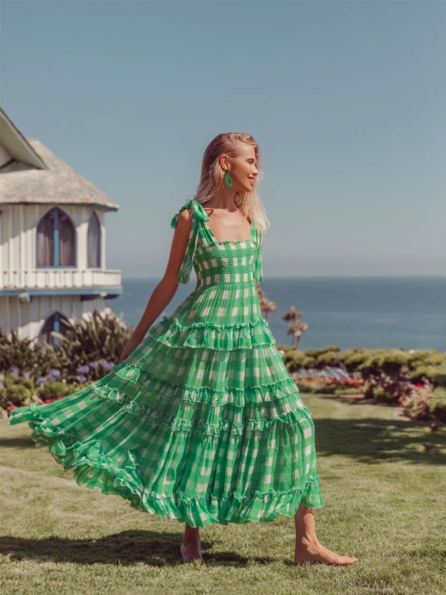 Vestido de gasa con tirantes y falda larga de temperamento verde 