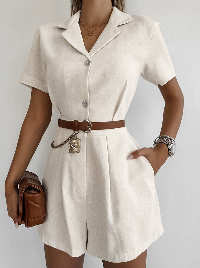 Casual Beige Short Sleeve Buttoned Rompers