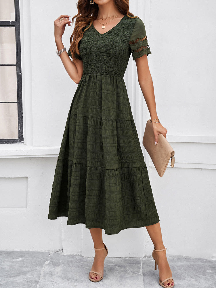 Dark Green Women's Lace Casual Mesh Midi Dress