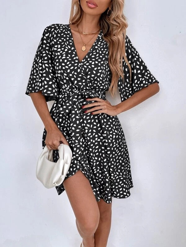 V-Neck Overall Printed Half Sleeve Dress