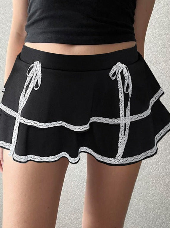 Low Waist Lace-Trim Bow Accent Skirt