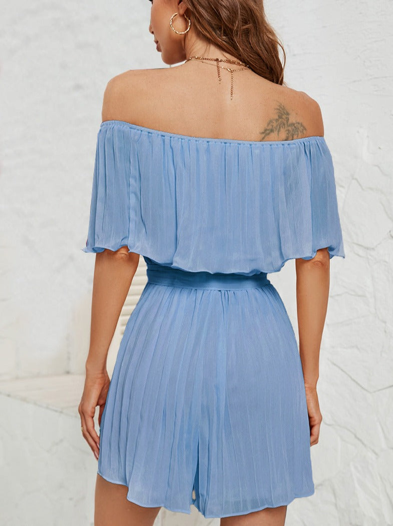 Powder Blue Off-Shoulder Pleated Collar Jumpsuit