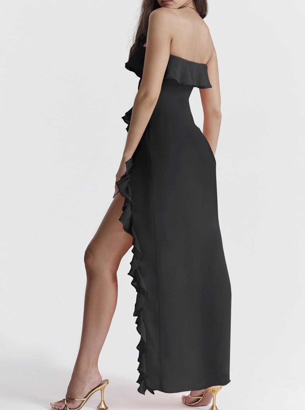 Ruffled Chest Wrapped Slitted Dress