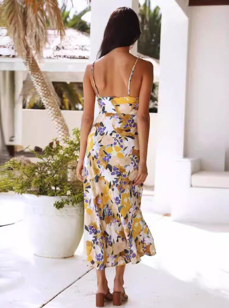 Summer Slim Split Sexy Floral Chiffon Vintage Midi Dress