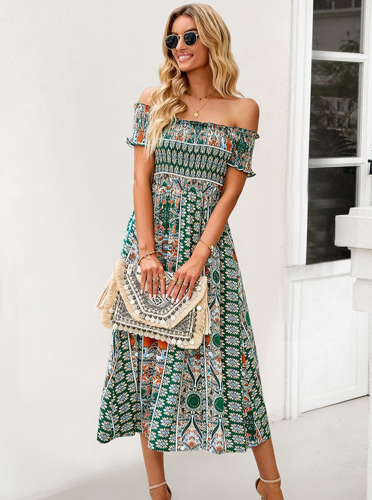 Vestido midi bohemio con abertura y hombros descubiertos para verano 